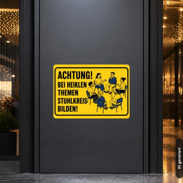 KI-generiertes Anwendungsbeispiel: Gelber Stuhlkreis bilden Aufkleber an einer Seminartür mit Warnschrift und Gesprächsrunde.