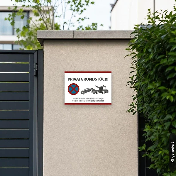 KI-generiertes Anwendungsbeispiel für Schild Privatparkplatz mit Abschlepper: Schild klein und realistisch am passenden Einsatzort dargestellt.
