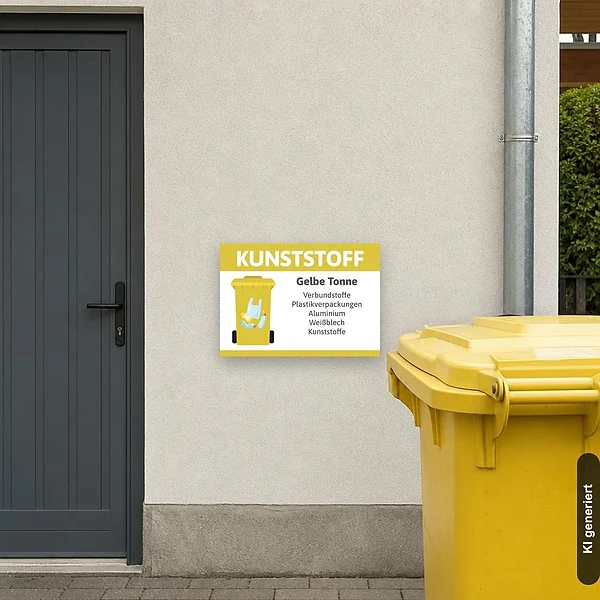 KI-generiertes Anwendungsbeispiel für Gelbe Tonne Schild – Kunststoff, Verbundstoffe, Aluminium und Weißblech: Schild klein und realistisch am passenden Einsatzort dargestellt.