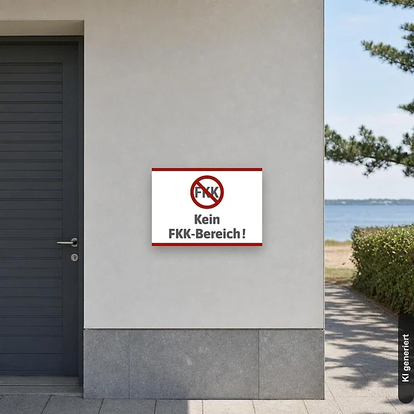 KI-generiertes Anwendungsbeispiel für Schild Kein FKK Bereich: Schild klein und realistisch am passenden Einsatzort dargestellt.
