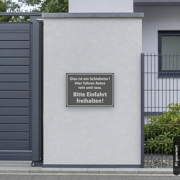 KI-generiertes Anwendungsbeispiel für Schild Schiebetor Einfahrt freihalten grau edel antrazit: Schild klein und realistisch am passenden Einsatzort dargestellt.
