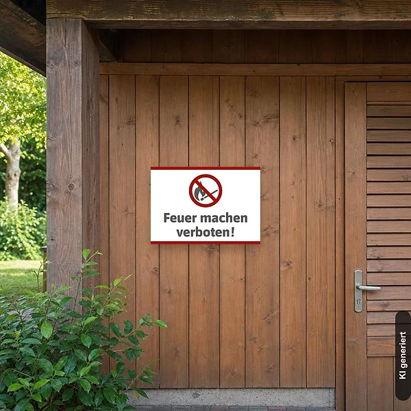 KI-generiertes Anwendungsbeispiel für Schild Feuer machen verboten Streichholz: Schild klein und realistisch am passenden Einsatzort dargestellt.