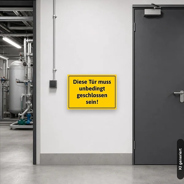 KI-generiertes Anwendungsbeispiel für Schild Diese Tür muss unbedingt geschlossen sein!: Schild klein und realistisch am passenden Einsatzort dargestellt.