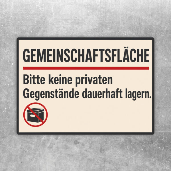 Gemeinschaftsfläche Aufkleber im Querformat mit Hinweis, keine privaten Gegenstände dauerhaft zu lagern.
