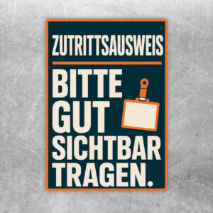 Aufkleber mit Text Zutrittsausweis bitte gut sichtbar tragen, Ausweisclip-Motiv in Gelb, Schwarz, Violett und Beige.