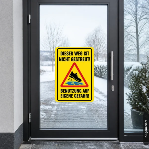 KI-generiertes Anwendungsbeispiel eines Warnaufklebers mit Glättehinweis auf einer Außentür an einem winterlichen Zugang.