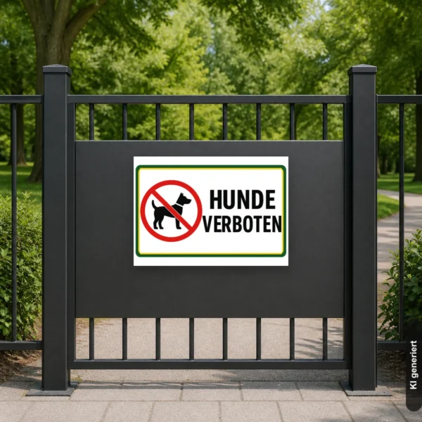 KI-generiertes Anwendungsbeispiel: Hundeverbotsschild mit Text „HUNDE VERBOTEN“ am Zaun eines gepflegten Vorgartens.