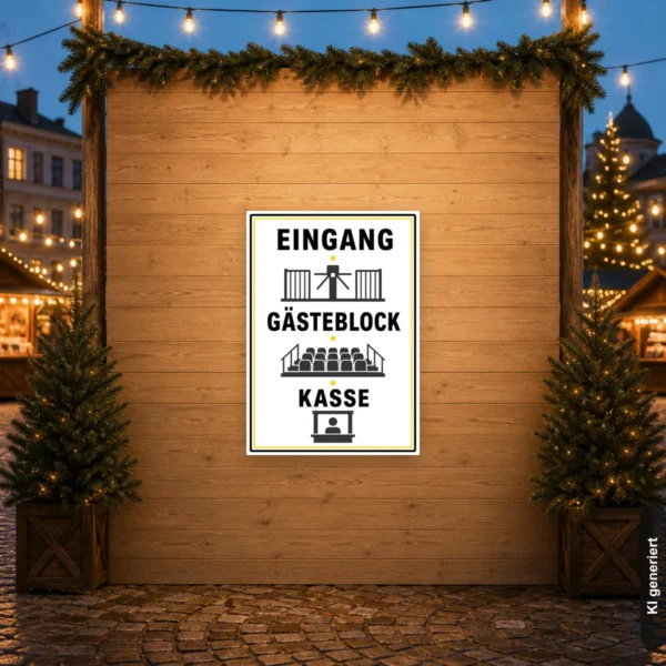 KI-generiertes Anwendungsbeispiel: Hochformat-Hinweisschild mit der Aufschrift Eingang, Gästeblock und Kasse zur Besucherführung.
