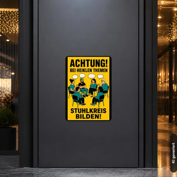 KI-generiertes Anwendungsbeispiel: Hochformatiger Stuhlkreis bilden Aufkleber in Gelb, Schwarz und Türkis für einen Workshopraum.