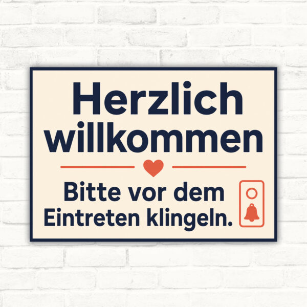 Willkommen Schild mit Gartentor-Motiv und Text „Herzlich willkommen – Bitte vor dem Eintreten klingeln“.