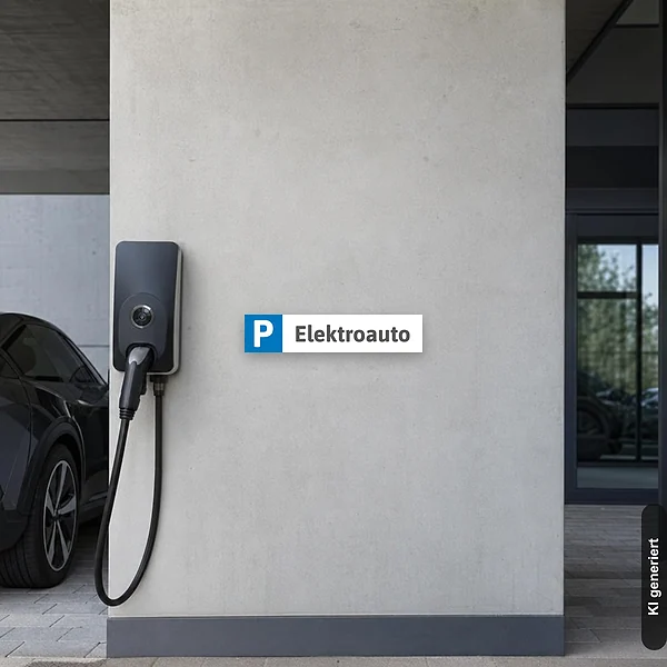 KI-generiertes Anwendungsbeispiel für Schild Parkplatzschild Kennzeichenschild Parkplatz Elektroauto: Schild klein und realistisch am passenden Einsatzort dargestellt.