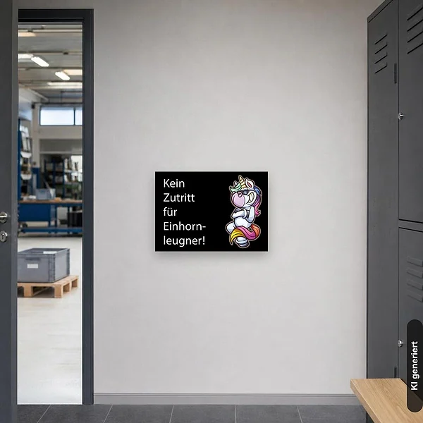 KI-generiertes Anwendungsbeispiel für Schild kein Zutritt für Einhornleugner: Schild klein und realistisch am passenden Einsatzort dargestellt.