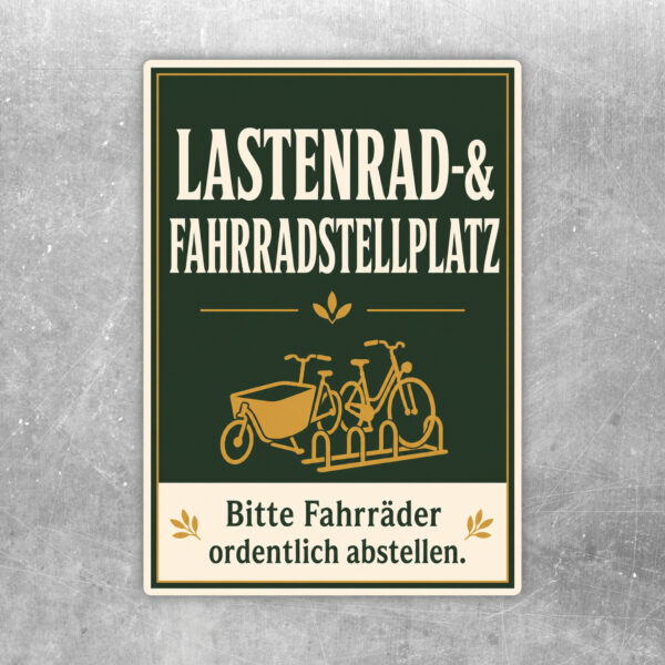 Aufkleber Lastenrad- und Fahrradstellplatz mit Retro-Motiv, Fahrrädern und Hinweis zum ordentlichen Abstellen.