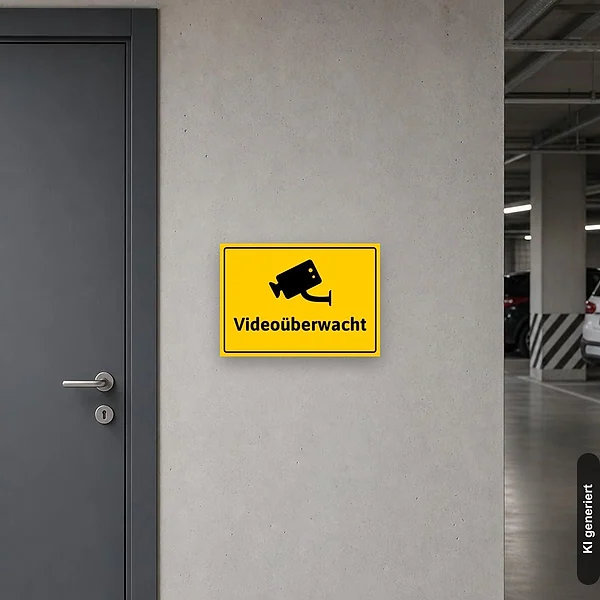 KI-generiertes Anwendungsbeispiel für Schild Videoüberwacht Überwachungskamera Hinweisschild Videokamera: Schild klein und realistisch am passenden Einsatzort dargestellt.