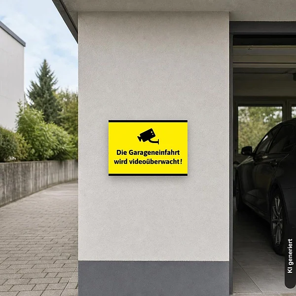 KI-generiertes Anwendungsbeispiel für Die Garageneinfahrt wird videoüberwacht! Schild – Gelbes Warnschild für Videoüberwachung: Schild klein und realistisch am passenden Einsatzort dargestellt.