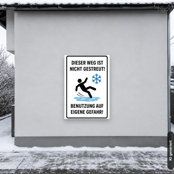 KI-generiertes Anwendungsbeispiel: Warnschild mit dem Text „Dieser Weg ist nicht gestreut! Benutzung auf eigene Gefahr!“ an einem glatten Winterweg.