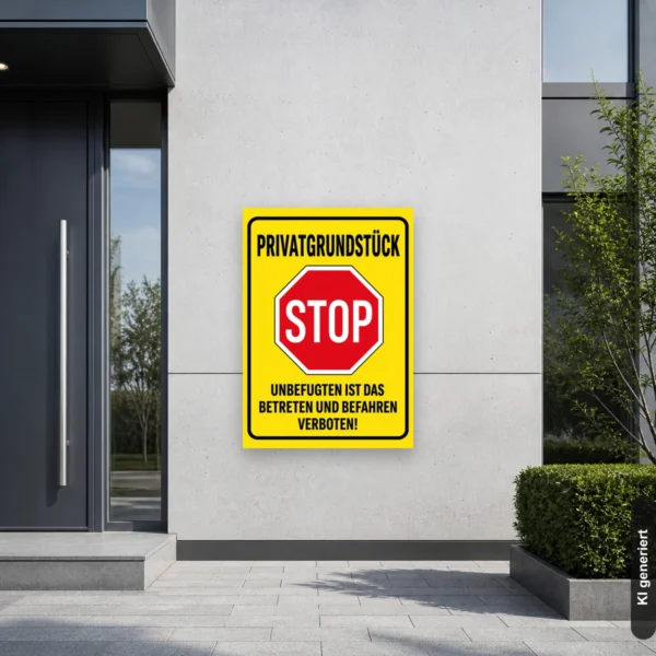 KI-generiertes Anwendungsbeispiel: Privatgrundstück Schild mit Stop-Motiv an einer Einfahrt, um unbefugtes Betreten und Befahren klar zu untersagen.