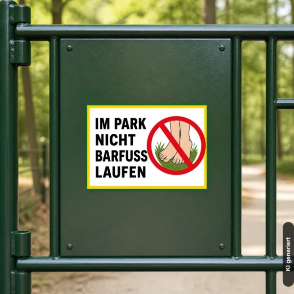 KI-generiertes Anwendungsbeispiel: Im Park nicht barfuß laufen Aufkleber an einem grünen Eingangspfosten mit klar sichtbarem Verbotssymbol.