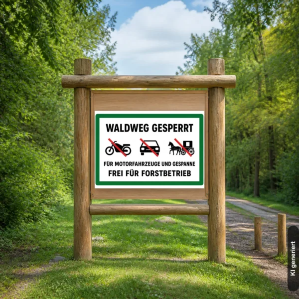 KI-generiertes Anwendungsbeispiel: Waldweg gesperrt Schild im Querformat mit grünem Rahmen, roten Sperrbalken und Forstbetriebs-Hinweis.