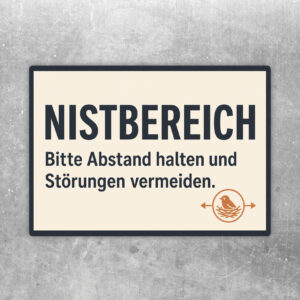 Nistbereich Aufkleber im Querformat mit Vogelnest, Gebüsch und Text Bitte Abstand halten und Störungen vermeiden.