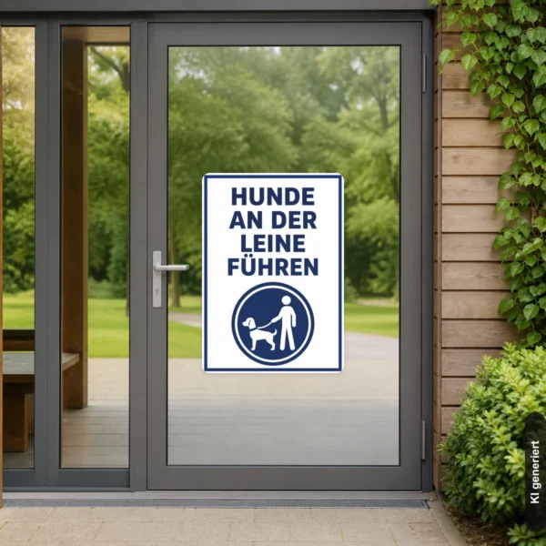KI-generiertes Anwendungsbeispiel: Blau-weißer Hunde an der Leine führen Aufkleber im Hochformat an einer Haustür.