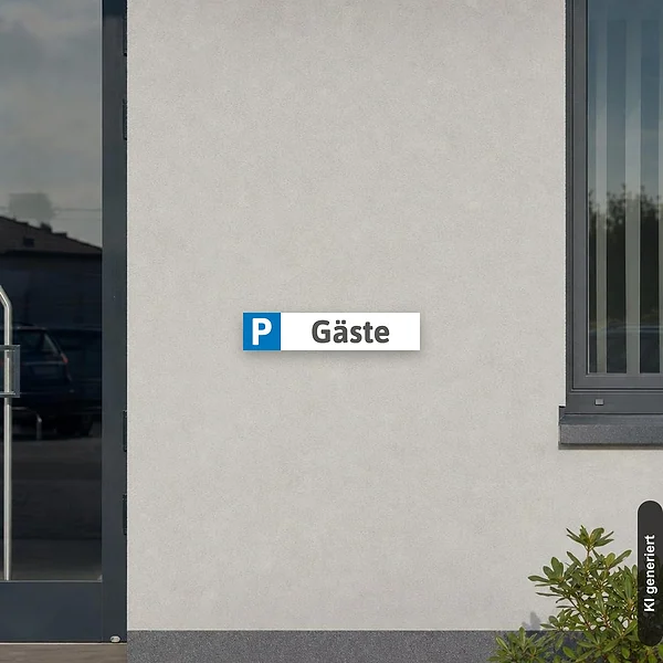 KI-generiertes Anwendungsbeispiel für Schild Kennzeichenschild Parkplatz Gäste: Schild klein und realistisch am passenden Einsatzort dargestellt.