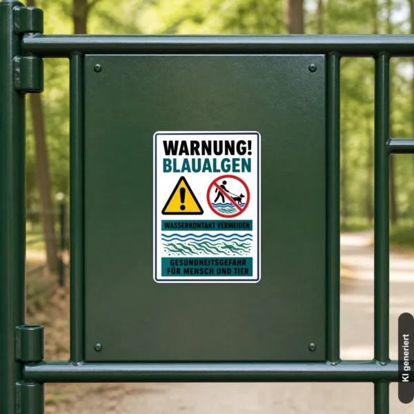 KI-generiertes Anwendungsbeispiel: Warnung Blaualgen Aufkleber an einem Zugang zu einer Badestelle mit klarer Warnbotschaft vor Wasserkontakt.