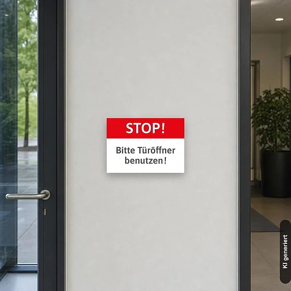KI-generiertes Anwendungsbeispiel für Schild Stop - bitte Türöffner benutzen: Schild klein und realistisch am passenden Einsatzort dargestellt.