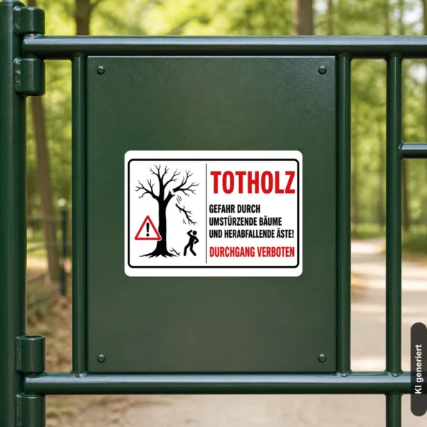 KI-generiertes Anwendungsbeispiel: Aufkleber mit Totholz-Warnmotiv an einer gesperrten Waldweginformation mit rotem Warnsymbol.