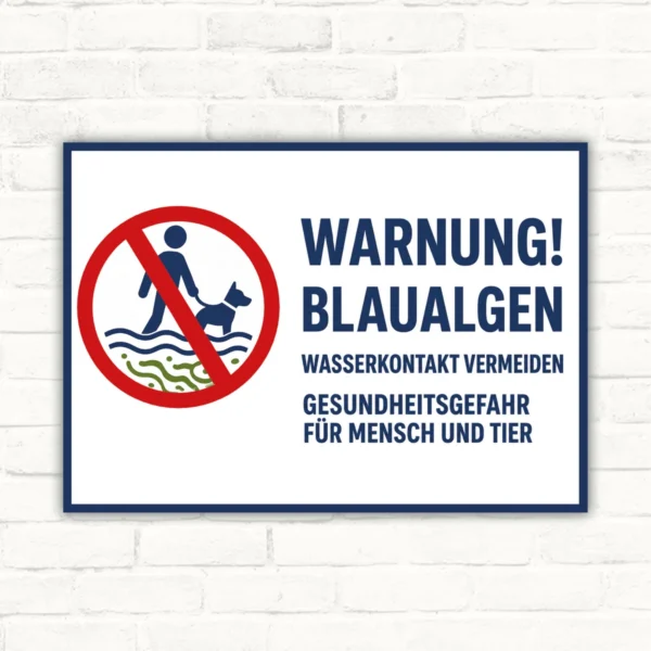 Warnschild mit Text „WARNUNG! BLAUALGEN – WASSERKONTAKT VERMEIDEN – GESUNDHEITSGEFAHR FÜR MENSCH UND TIER“ als Querformat.