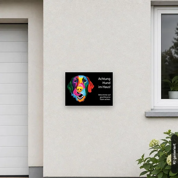 KI-generiertes Anwendungsbeispiel für Schild Setter Achtung Hund im Haus: Schild klein und realistisch am passenden Einsatzort dargestellt.