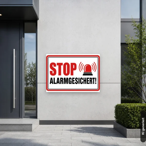 KI-generiertes Anwendungsbeispiel: Warnschild mit STOP und Alarm-Symbol, eingesetzt am Tor eines alarmgesicherten Grundstücks im Querformat.
