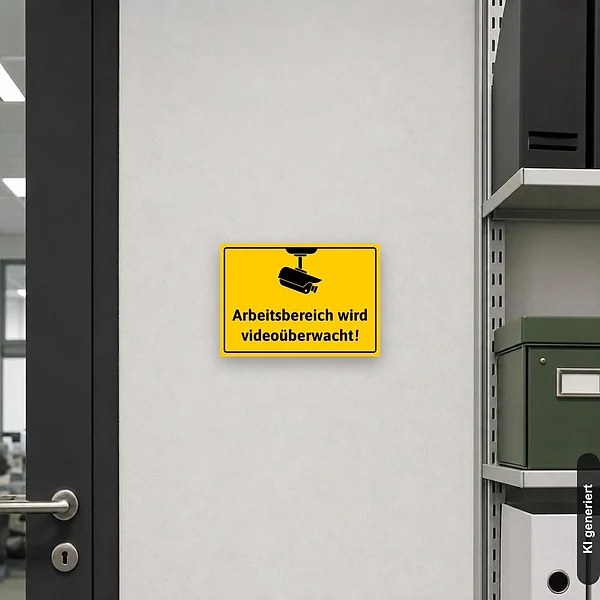 KI-generiertes Anwendungsbeispiel für Schild Arbeitsbereich wird videoüberwacht Videoüberwachung: Schild klein und realistisch am passenden Einsatzort dargestellt.