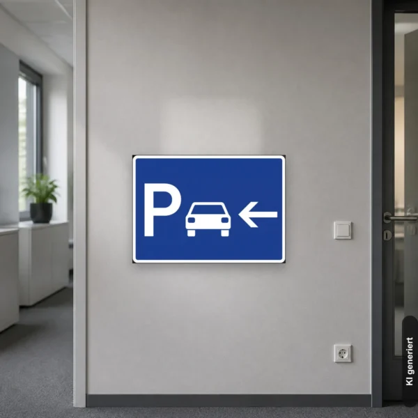 KI-generiertes Anwendungsbeispiel: Blaues Parkplatzschild mit weißem P, Auto und Pfeil nach links für die Besucherzufahrt.