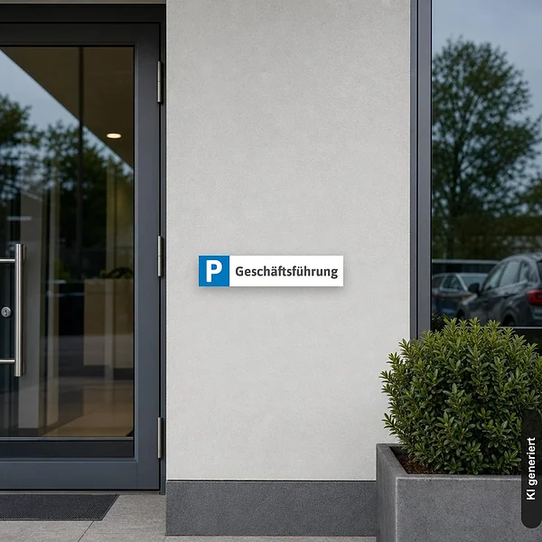 KI-generiertes Anwendungsbeispiel für Schild Kennzeichenschild Parkplatz Geschäftsführung: Schild klein und realistisch am passenden Einsatzort dargestellt.