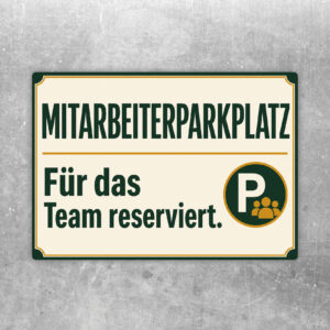 Mitarbeiterparkplatz Aufkleber im Querformat mit Vintage-Auto, Taschen und Text Für das Team reserviert.