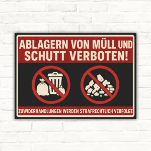 Schild mit der Aufschrift „Ablagern von Müll und Schutt verboten!“ und Verbotszeichen für Müll und Schutt im Querformat.