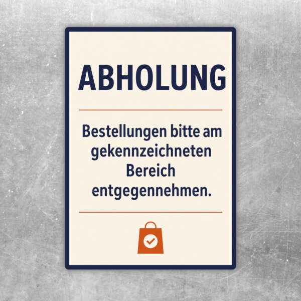 Abholung Aufkleber mit Thekenszene und Hinweis zur Entgegennahme von Bestellungen im gekennzeichneten Bereich.