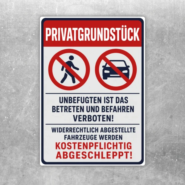 Abschlepphinweis-Aufkleber für Privatgrundstück mit Betreten- und Befahren-verboten-Motiv in Rot, Weiß und Blau.