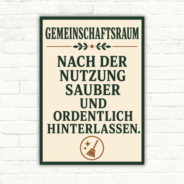 Schild mit Wortlaut „Gemeinschaftsraum – Nach der Nutzung sauber und ordentlich hinterlassen“ als dekoratives Hinweisschild.