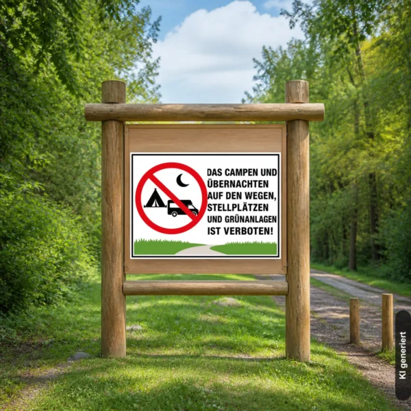 KI-generiertes Anwendungsbeispiel: Campen und Übernachten verboten Schild im Querformat mit rotem Verbotssymbol, Zelt, Wohnmobil und Text.