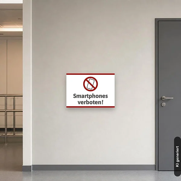 KI-generiertes Anwendungsbeispiel für Schild Smartphones verboten: Schild klein und realistisch am passenden Einsatzort dargestellt.