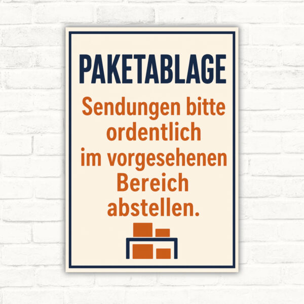 Paketablage Schild mit Text „Sendungen bitte ordentlich im vorgesehenen Bereich abstellen.“ und Illustration mit Paketen.