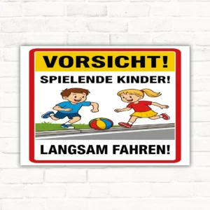 Vorsicht spielende Kinder – Langsam fahren Schild mit gut lesbarem Motiv und klarer Beschriftung als bedrucktes Schild aus Aluminium-Verbundplatte.