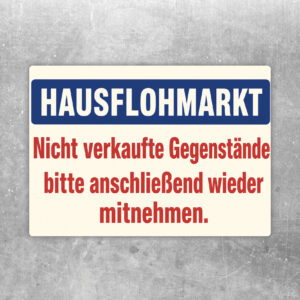 Hausflohmarkt Aufkleber im Querformat mit Flohmarktszene und Hinweis, nicht verkaufte Gegenstände mitzunehmen.