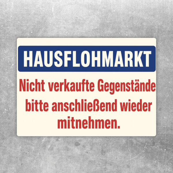 Hausflohmarkt Aufkleber im Querformat mit Flohmarktszene und Hinweis, nicht verkaufte Gegenstände mitzunehmen.