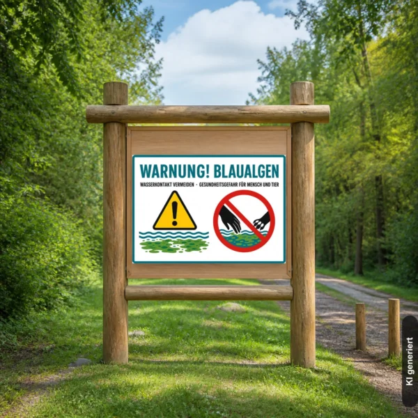 KI-generiertes Anwendungsbeispiel: Warnung Blaualgen Schild an einer Badestelle mit Hinweis „Wasserkontakt vermeiden“ als Warnschild.