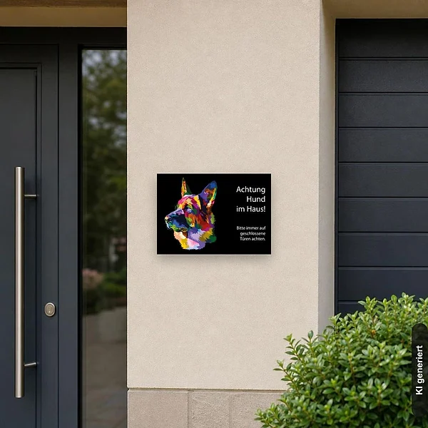 KI-generiertes Anwendungsbeispiel für Schild Schäferhund Achtung Hund im Haus: Schild klein und realistisch am passenden Einsatzort dargestellt.