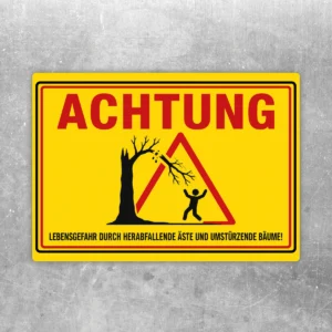 Warnaufkleber mit Baum- und Astwarnsymbol in Gelb, Rot und Schwarz für Gefahrenbereiche mit herabfallenden Ästen.