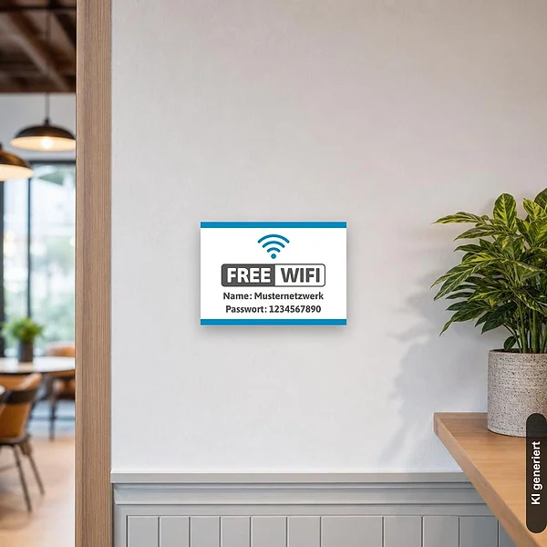 KI-generiertes Anwendungsbeispiel für FREE WIFI Schild mit Name und Passwort: Schild klein und realistisch am passenden Einsatzort dargestellt.